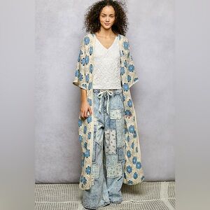 Bohemian Blue and Cream Kimono POL Open Front Floral Crochet Longline Cardigan